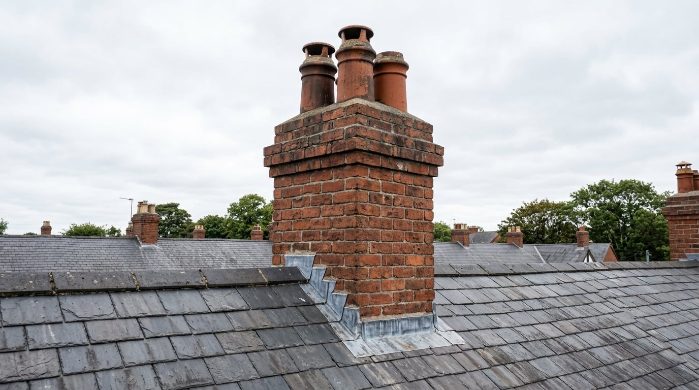 Repointed brick chimney on a slate roof